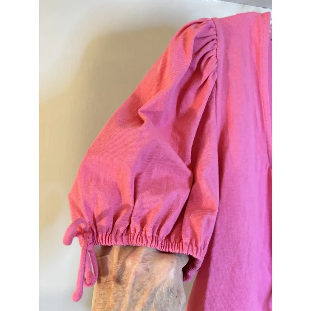 FREE PEOPLE Pink Kitty Tie‎ Front Crop Puff Sleeve Top L Coquette